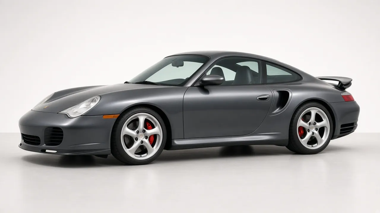 Studio side view of a Seal Grey Porsche 996 Turbo with Turbo Twist wheels and Aerokit wing.